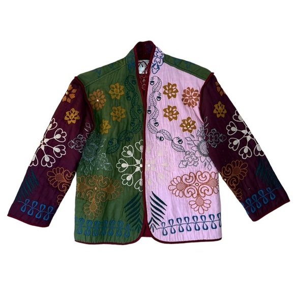 Zara Embroidered Boho Chic Jacket Coat Quilted Multicolor XS Oversized Floral - Picture 3 of 9